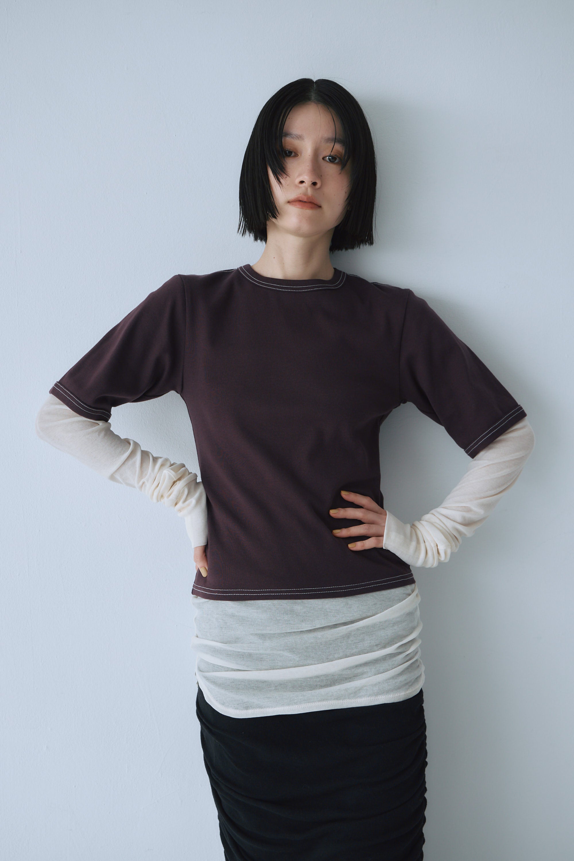 トップス AMERI MEDI2WAY SHEER CREPE COMPACT SHIRT Stitch Tee & Sheer Top – Mediam