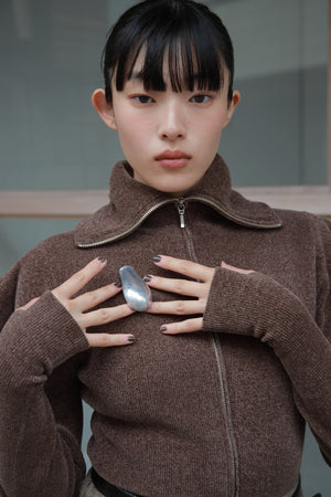 Full Zip Puff Sleeve Knit Top