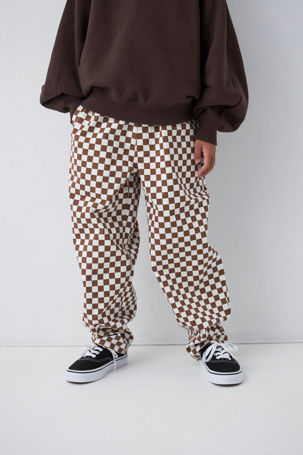 Kids Checkered Easy Big Pants - Mocha