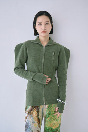 Full Zip Puff Sleeve Knit Top