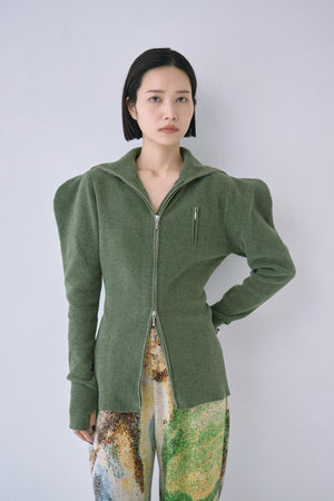 Full Zip Puff Sleeve Knit Top