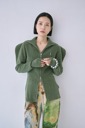 Full Zip Puff Sleeve Knit Top