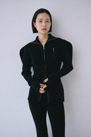 Full Zip Puff Sleeve Knit Top