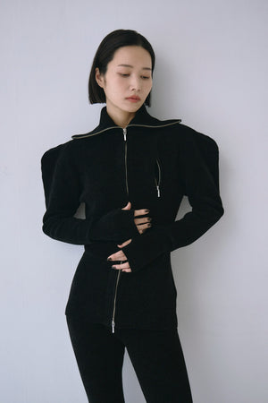 Full Zip Puff Sleeve Knit Top