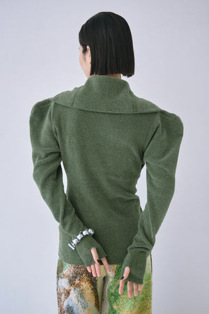 Full Zip Puff Sleeve Knit Top