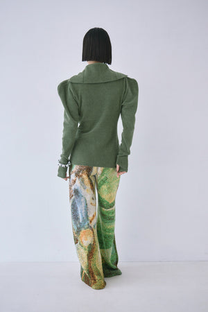 Full Zip Puff Sleeve Knit Top
