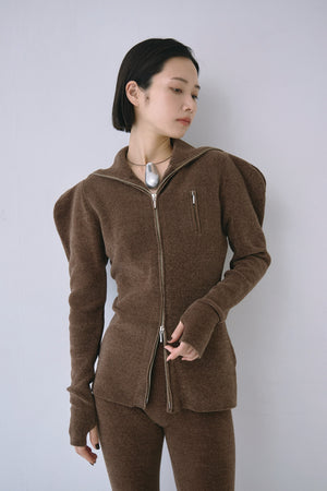 Full Zip Puff Sleeve Knit Top